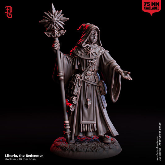 Liberia the Redeemer, Priestess Miniature | Female Human Cleric Healer Spellcaster Figurine | 32mm Scale or 75mm Scale