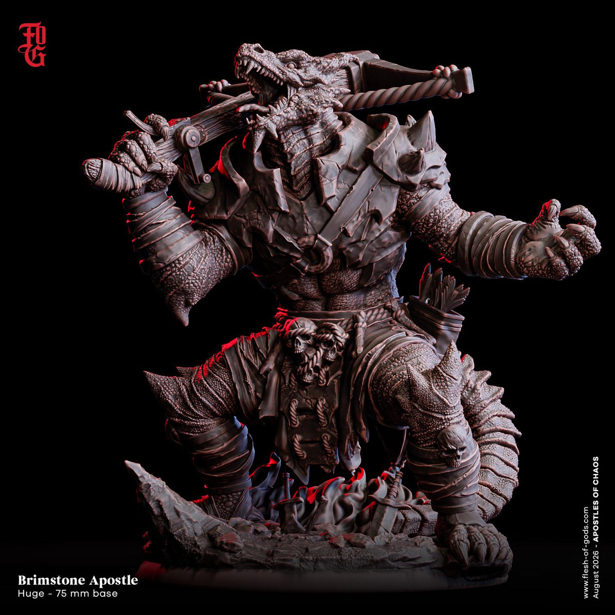 Brimstone Apostle Miniature | Huge Lizardfolk Fiend Apostle of Chaos God Figurine | 75mm Base