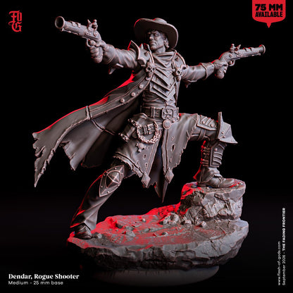 Dendar, Rogue Shooter Outlaw Miniature | Cowboy Gunslinger Wild West Ranger Figurine | 32mm Scale or 75mm Scale