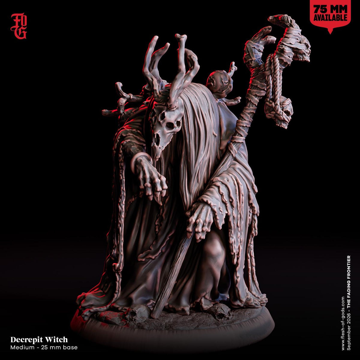 Decrepit Witch Miniature | Medium Fey Necromancer Ancient Spellcaster Figurine | 32mm Scale or 75mm Scale