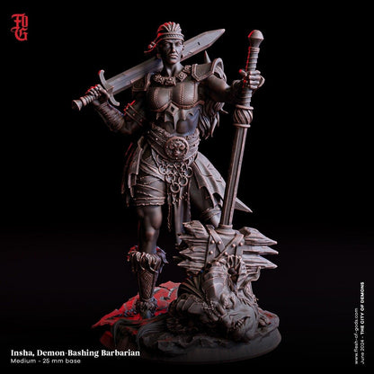 Insha, Female Demon-Bashing Barbarian Miniature | Heroic Fighter | 32mm Scale or 75mm Scale - Plague Miniatures