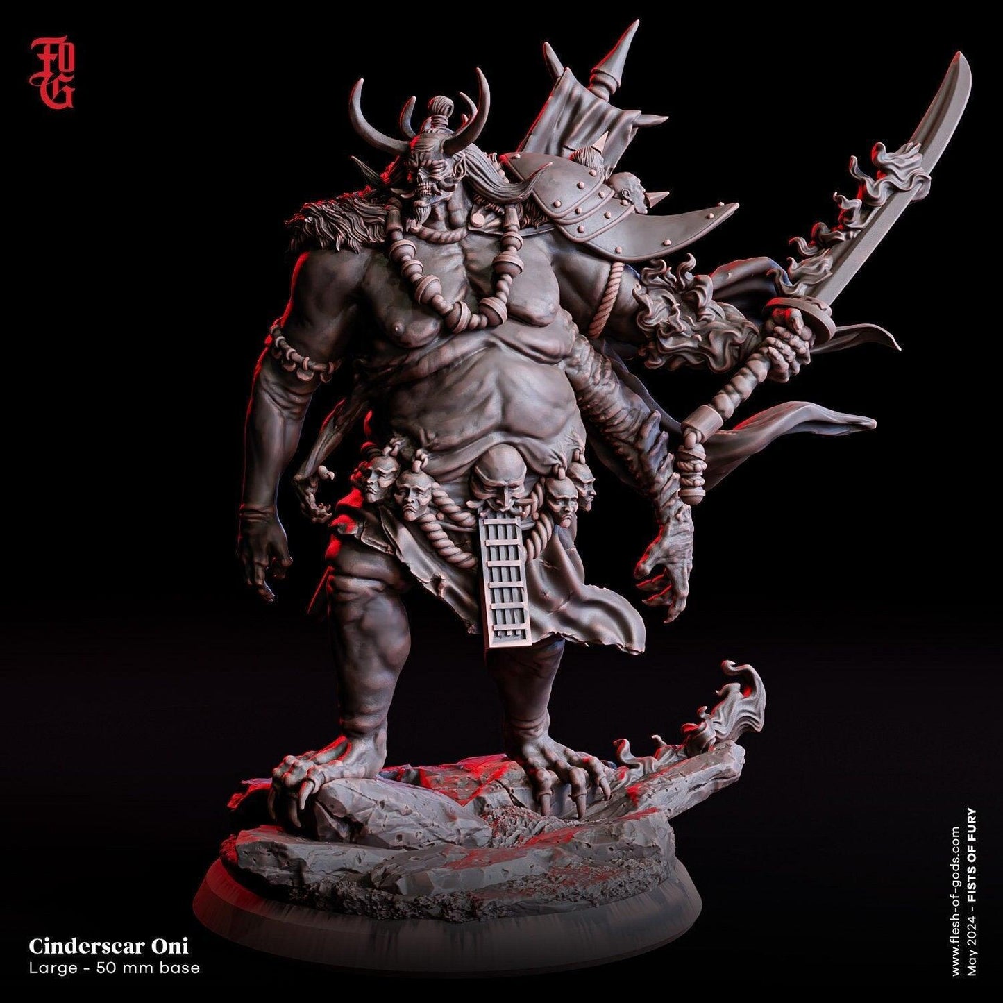 Japanese Cinderscar Oni Monster Miniature | Large Fiend Aberration | 50mm Base - Plague Miniatures