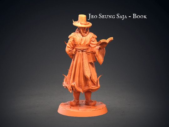 Jeoseung Saja miniature with Book | 3 Unique Figures with Skull Staff, Pipe, and Book for Tabletop RPGs | 32mm Scale - Plague Miniatures