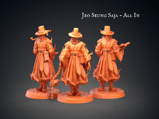 Jeoseung Saja miniature with Book | 3 Unique Figures with Skull Staff, Pipe, and Book for Tabletop RPGs | 32mm Scale - Plague Miniatures