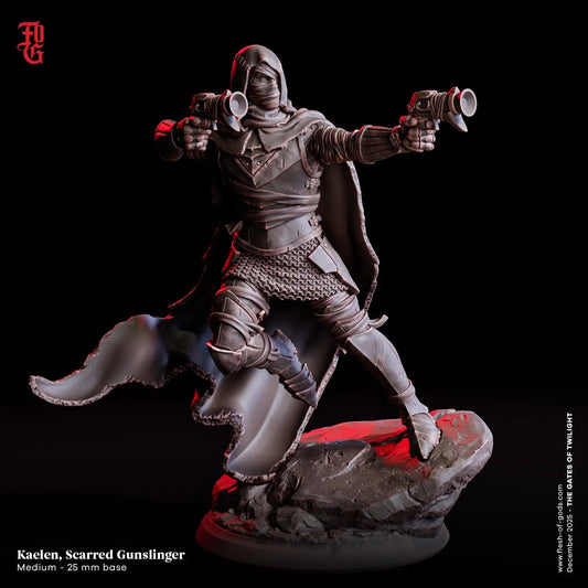 Kaelen, Scarred Gunslinger Miniature | Stealthy Human Rogue Figurine | 32mm Scale or 75mm Scale - Plague Miniatures
