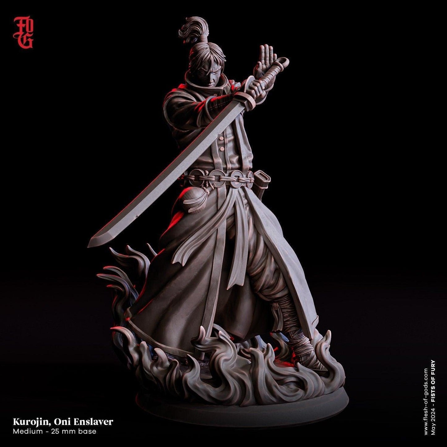 Kurojin, Oni Enslaver with Flaming Oni Miniature | Fiery Tabletop Conqueror | 50mm Base - Plague Miniatures