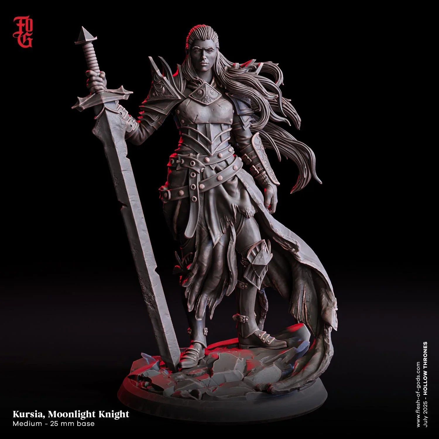 Kursia, Moonlight Knight | Female Human Paladin Warrior Miniature | 32mm Scale or 75mm Scale - Plague Miniatures