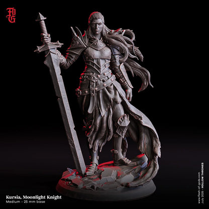 Kursia, Moonlight Knight | Female Human Paladin Warrior Miniature | 32mm Scale or 75mm Scale - Plague Miniatures