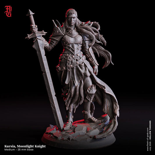 Kursia, Moonlight Knight | Female Human Paladin Warrior Miniature | 32mm Scale or 75mm Scale - Plague Miniatures