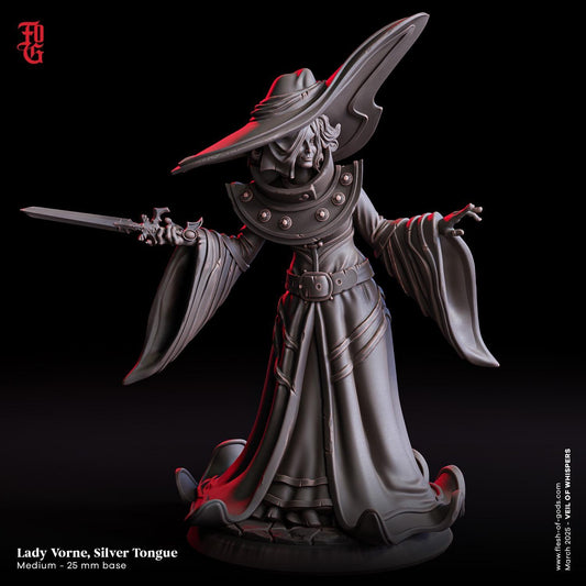 Lady Vorne, Silver Tongue | Female NPC Miniature Spellcaster Witch Figurine | 32mm Scale or 75mm Scale - Plague Miniatures