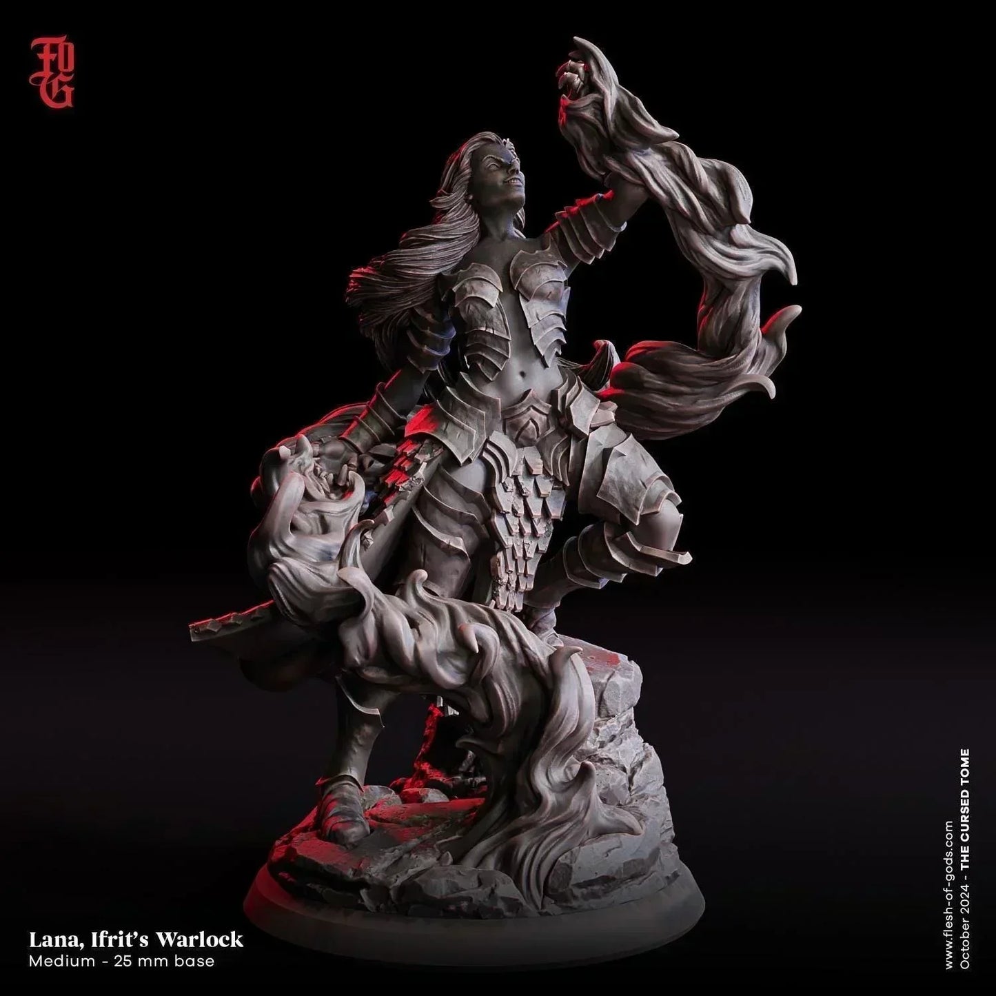 Lana, Ifrit's Warlock Miniature | Genasi Warlock Spellcaster | 32mm Scale or 75mm Scale - Plague Miniatures