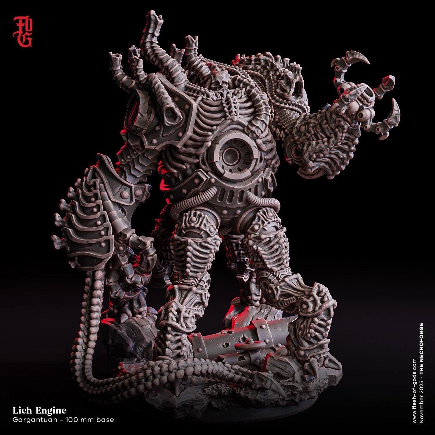 Lich-Engine miniature model with biomechanical details and claw arm on a 100mm base, tabletop gaming.