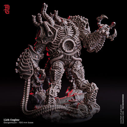 Lich-Engine miniature model with biomechanical details and claw arm on a 100mm base, tabletop gaming.