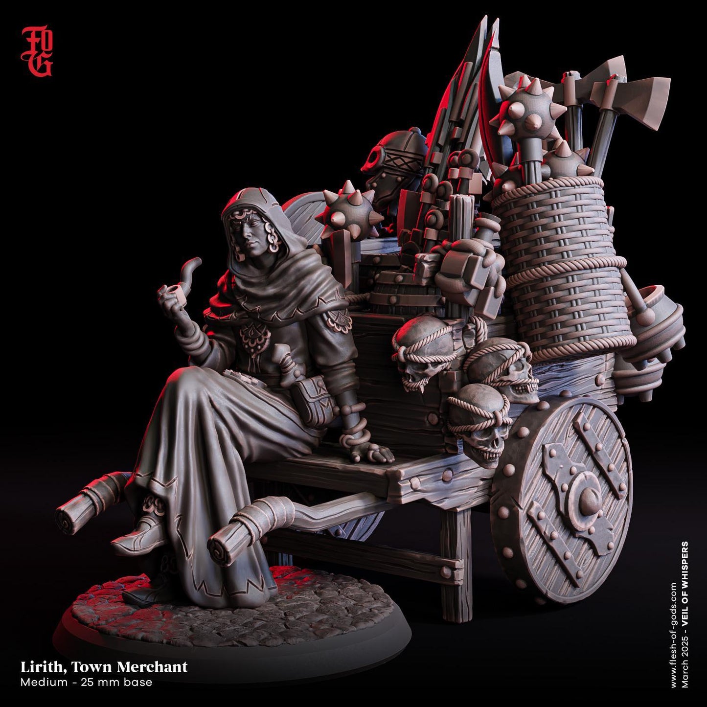 Lirith, Town Merchant | NPC Miniature Figurine with Cart or Bench Option | 32mm Scale or 75mm Scale - Plague Miniatures