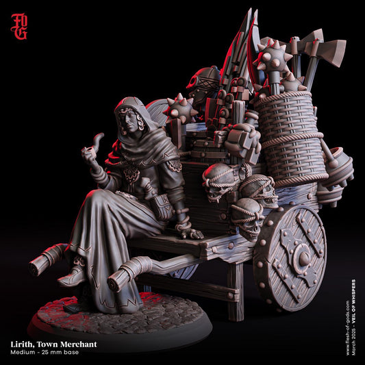 Lirith, Town Merchant | NPC Miniature Figurine with Cart or Bench Option | 32mm Scale or 75mm Scale - Plague Miniatures
