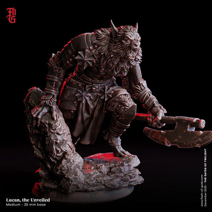 Lucan, the Unveiled Miniature | Werewolf Hybrid Fighter Lycan Beast Figurine | 32mm Scale or 75mm Scale - Plague Miniatures