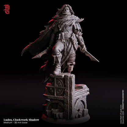 Ludos, Clockwork Shadow Figurine | Human Rogue Miniature for Tabletop Games | 32mm Scale or 75mm Scale - Plague Miniatures