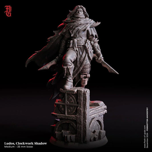 Ludos, Clockwork Shadow Figurine | Human Rogue Miniature for Tabletop Games | 32mm Scale or 75mm Scale - Plague Miniatures
