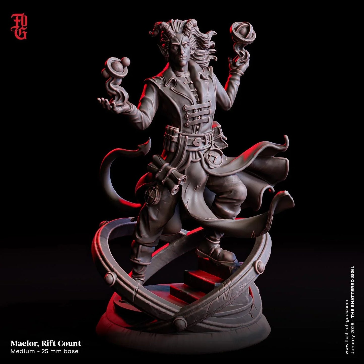 Maelor, Rift Count Miniature | Tiefling Chronurgy Wizard Spellcaster Figurine | 32mm Scale or 75mm Scale - Plague Miniatures