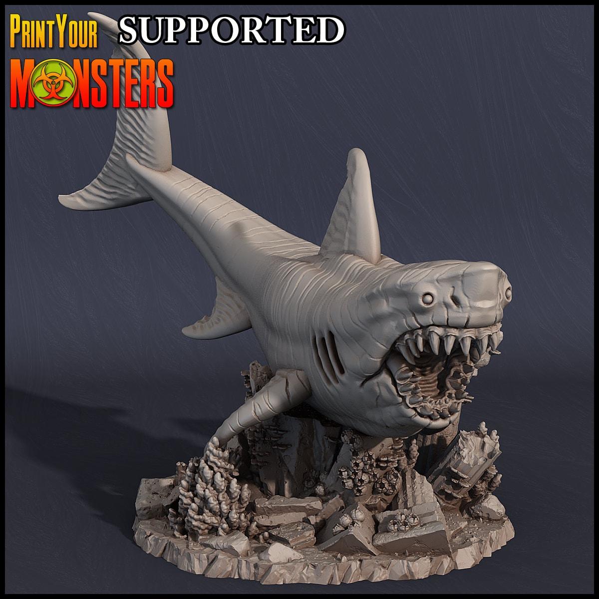 Merfolk Rider on Great White Shark Miniature | Fantasy Wargaming Figure | 50mm Base - Plague Miniatures