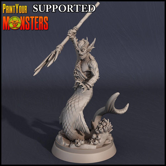 Merman Underwater Defender Miniature | Wargaming Figure | 50mm Base - Plague Miniatures