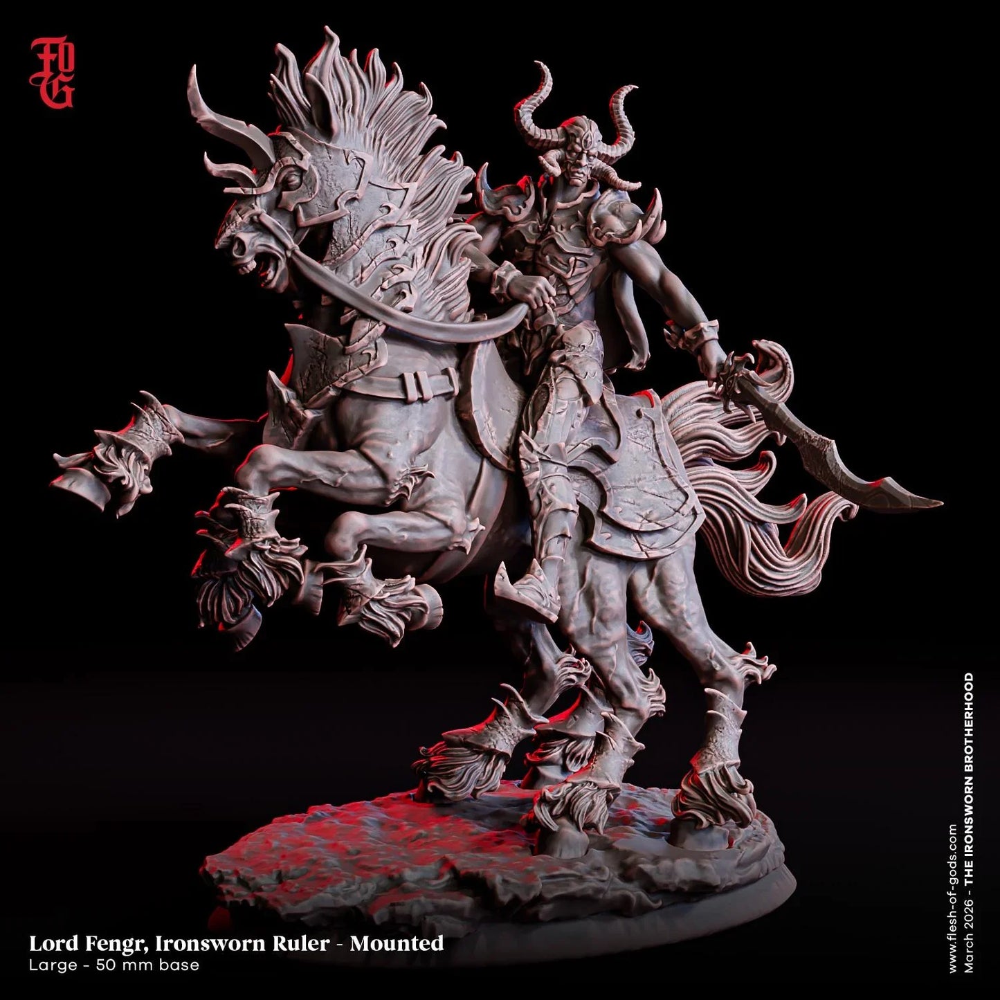 Mounted Fengr, Ironsworn Ruler Miniature | Demon Warlord Mounted Monster Figurine | 50mm Base - Plague Miniatures