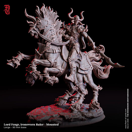 Mounted Fengr, Ironsworn Ruler Miniature | Demon Warlord Mounted Monster Figurine | 50mm Base - Plague Miniatures