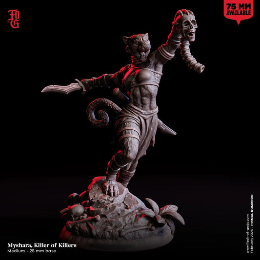 Myshara, Killer of Killers Miniature | Female Catfolk Beastfolk Warrior Figurine | 32mm Scale or 75mm Scale - Plague Miniatures