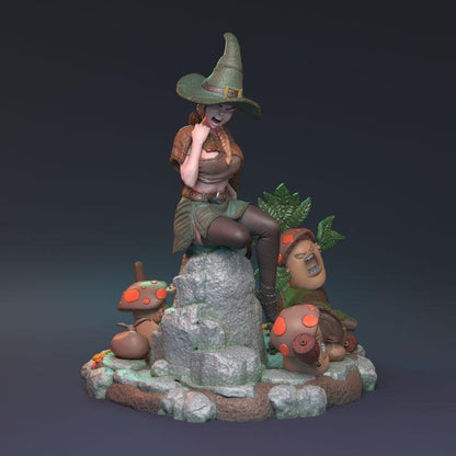 Naughty Female Witch Miniature with Angry Mushrooms | Detailed Forest Base | 32mm Scale or 75mm - Plague Miniatures