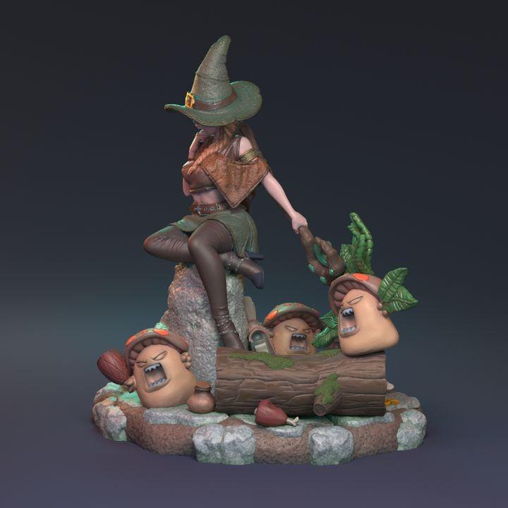 Naughty Female Witch Miniature with Angry Mushrooms | Detailed Forest Base | 32mm Scale or 75mm - Plague Miniatures