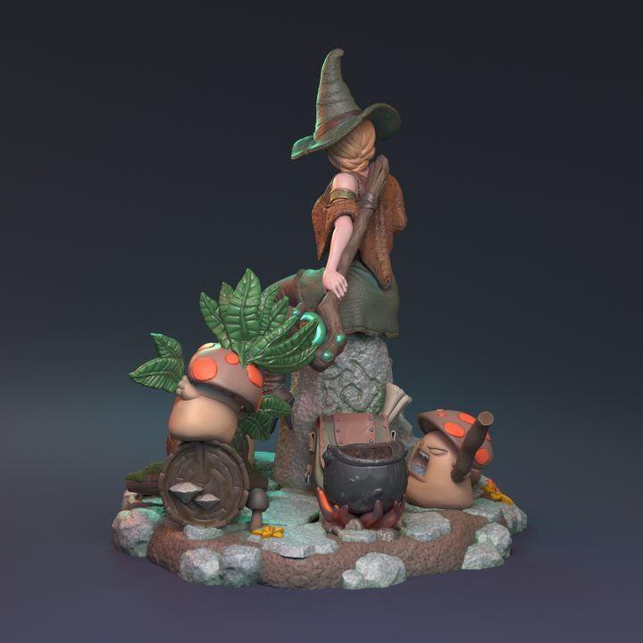 Naughty Female Witch Miniature with Angry Mushrooms | Detailed Forest Base | 32mm Scale or 75mm - Plague Miniatures