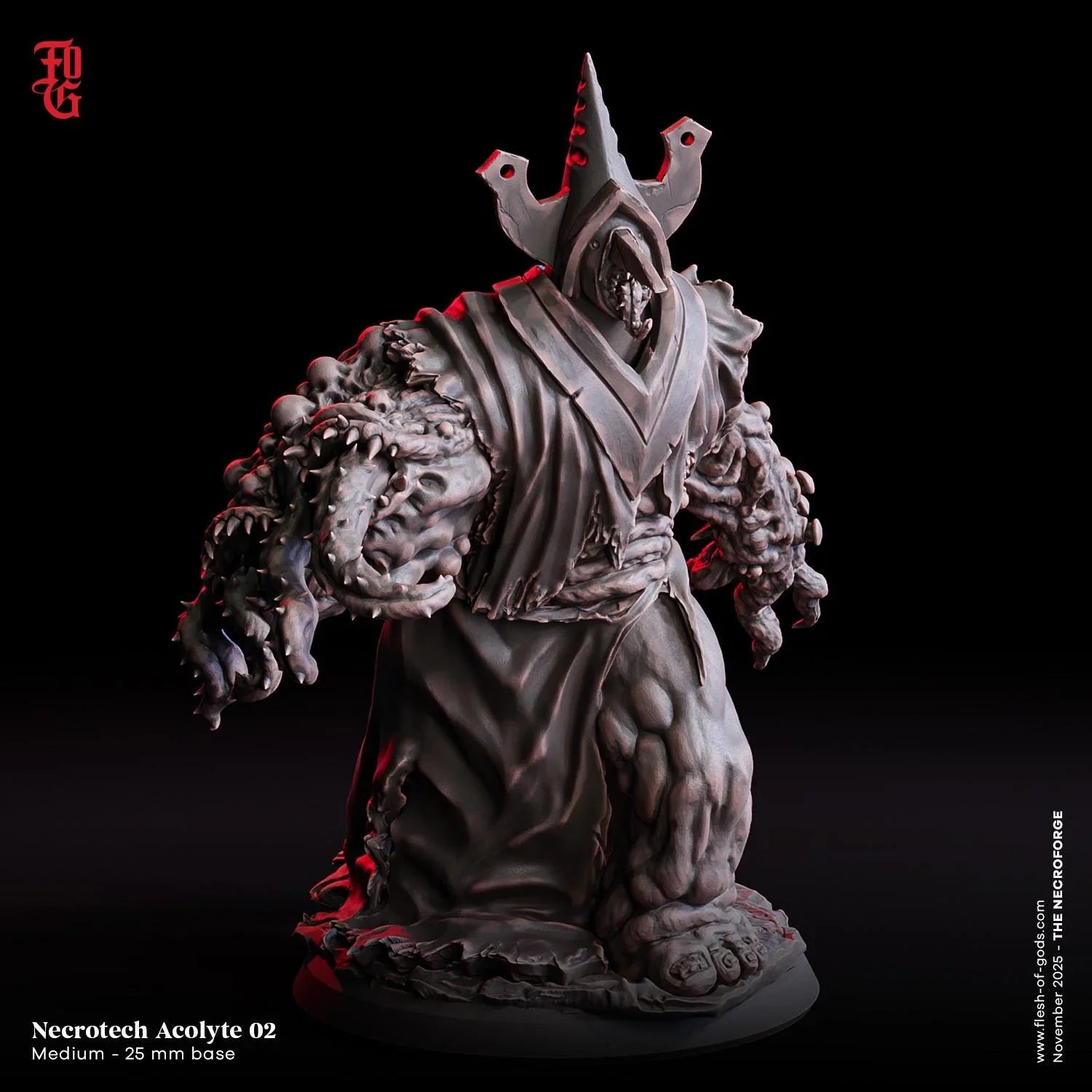 Necrotech Acolyte 02 fantasy miniature, monstrous robed figure with clawed and fanged arms