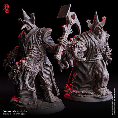 Necrotech Acolytes miniatures with monstrous mutations, spiked helmets, and weapons on round bases