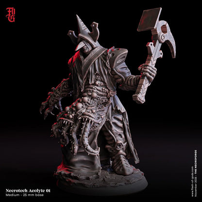 Necrotech Acolyte 3D miniature figure with spiked helmet and detailed monstrous body sculpt.