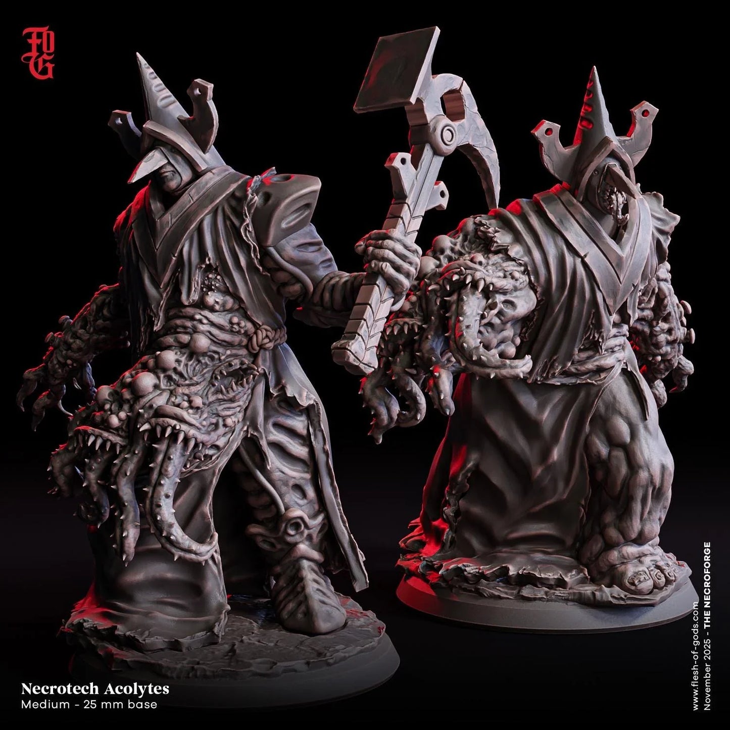 Necrotech Acolytes fantasy miniatures with mutated arms, tentacles, armored robes, 25mm base