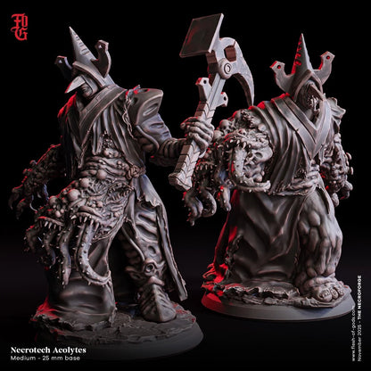 Necrotech Acolytes fantasy miniatures with mutated arms, tentacles, armored robes, 25mm base