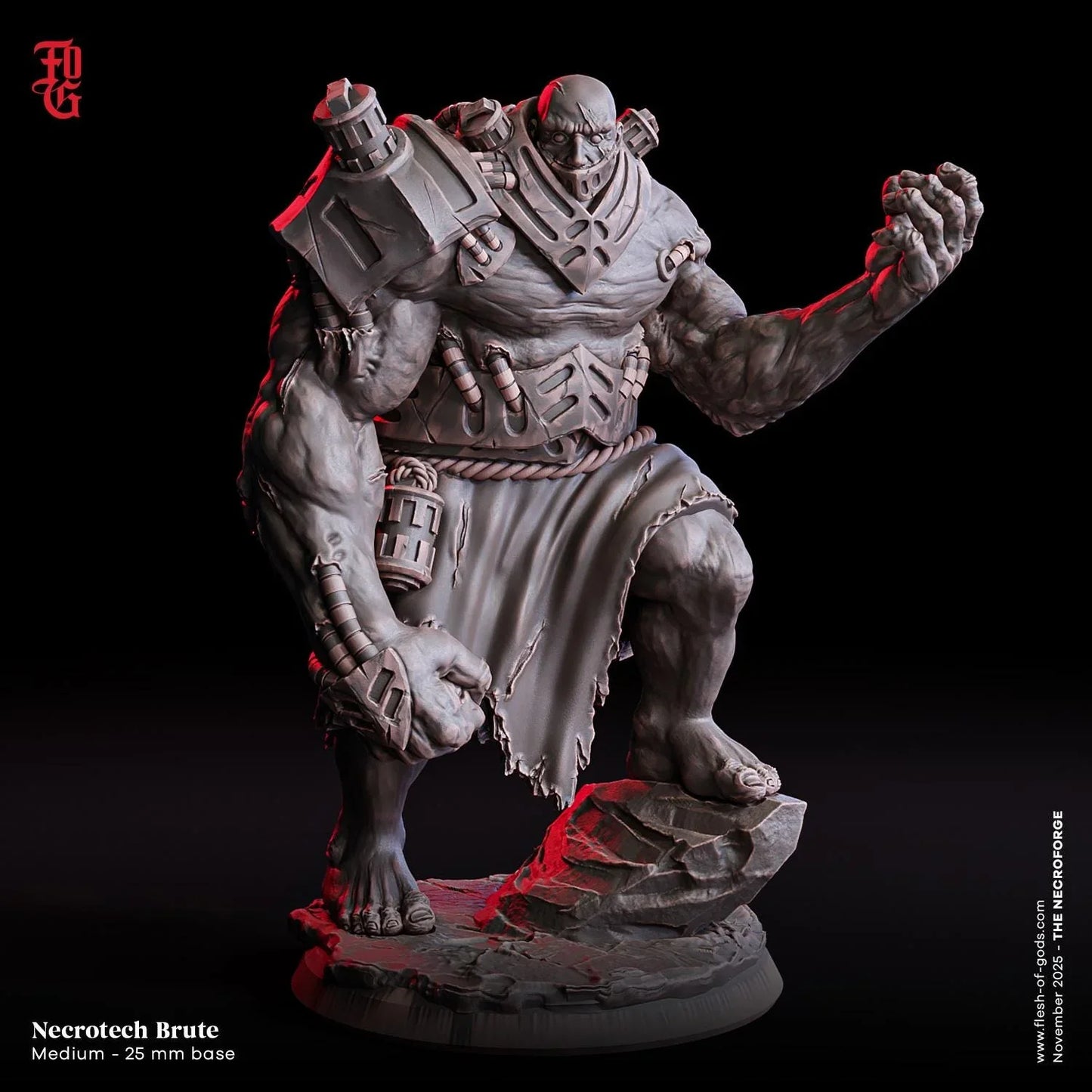 Necrotech Brute miniature statue on rocky base, muscular cyborg fantasy figure, 25mm scale