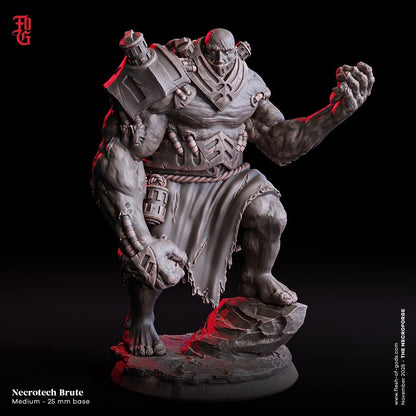 Necrotech Brute miniature statue on rocky base, muscular cyborg fantasy figure, 25mm scale
