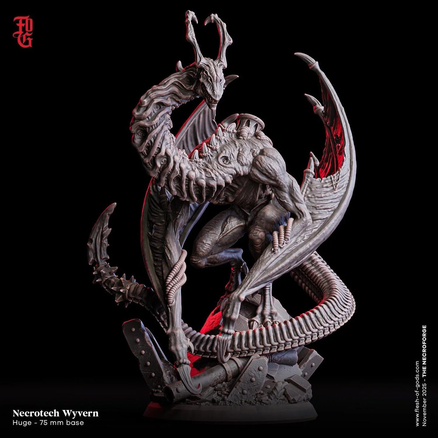 Necrotech Wyvern miniature figurine, monstrous creature with wings and tail, 75mm base, black background