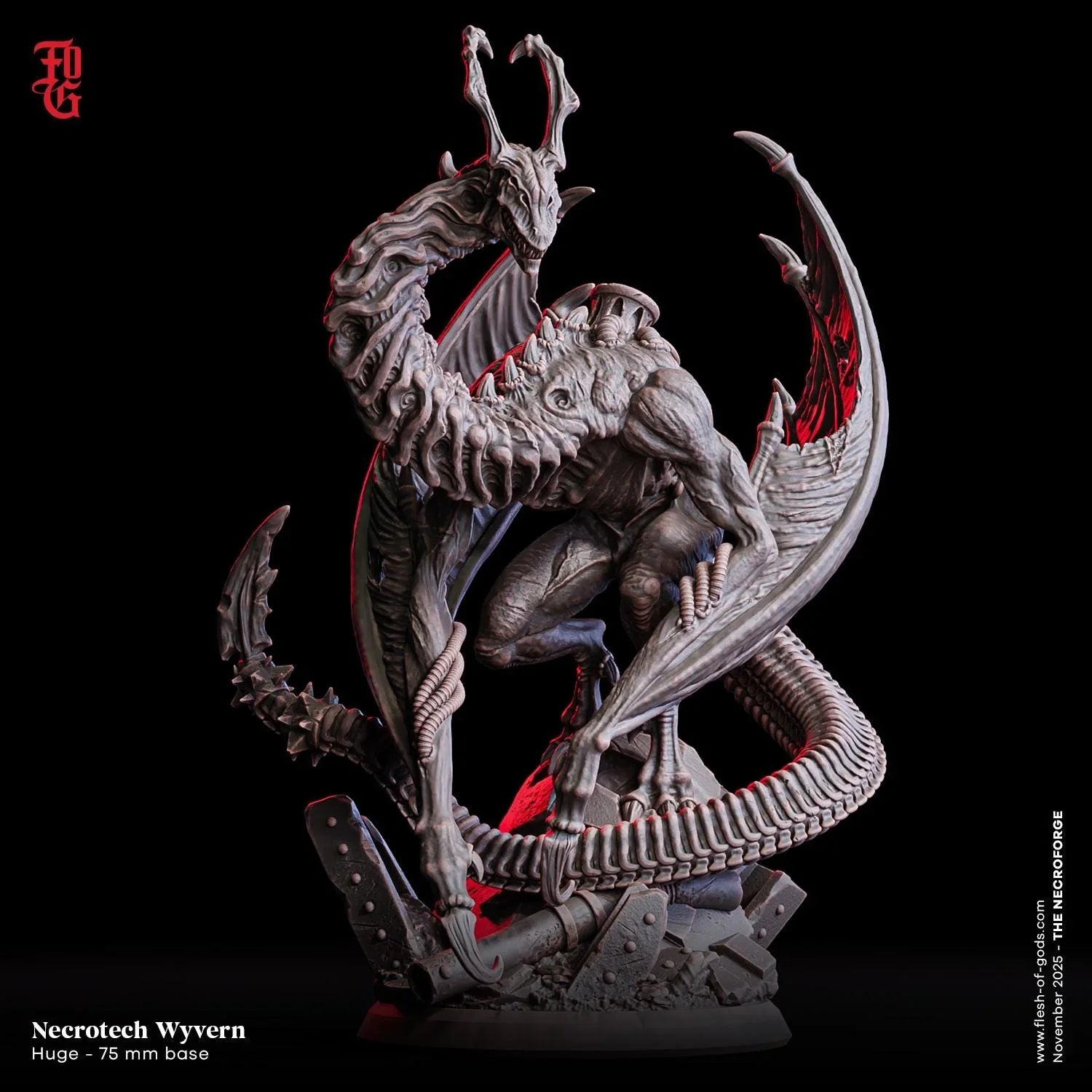 Necrotech Wyvern miniature figurine, monstrous creature with wings and tail, 75mm base, black background