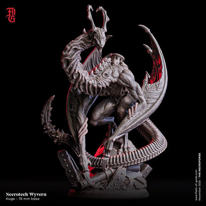 Necrotech Wyvern miniature figurine, monstrous creature with wings and tail, 75mm base, black background