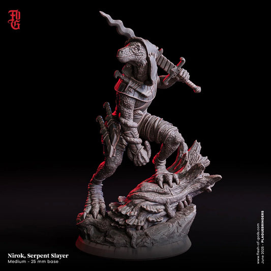 Nirok, Serpent Slayer | Lizardfolk Rogue Fighter Miniature | 32mm Scale or 75mm Scale - Plague Miniatures