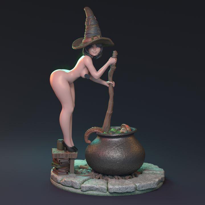 Nude Female Witch Miniature with Boiling Cauldron | Detailed Scene NPC | 32mm Scale or 75mm Scale - Plague Miniatures