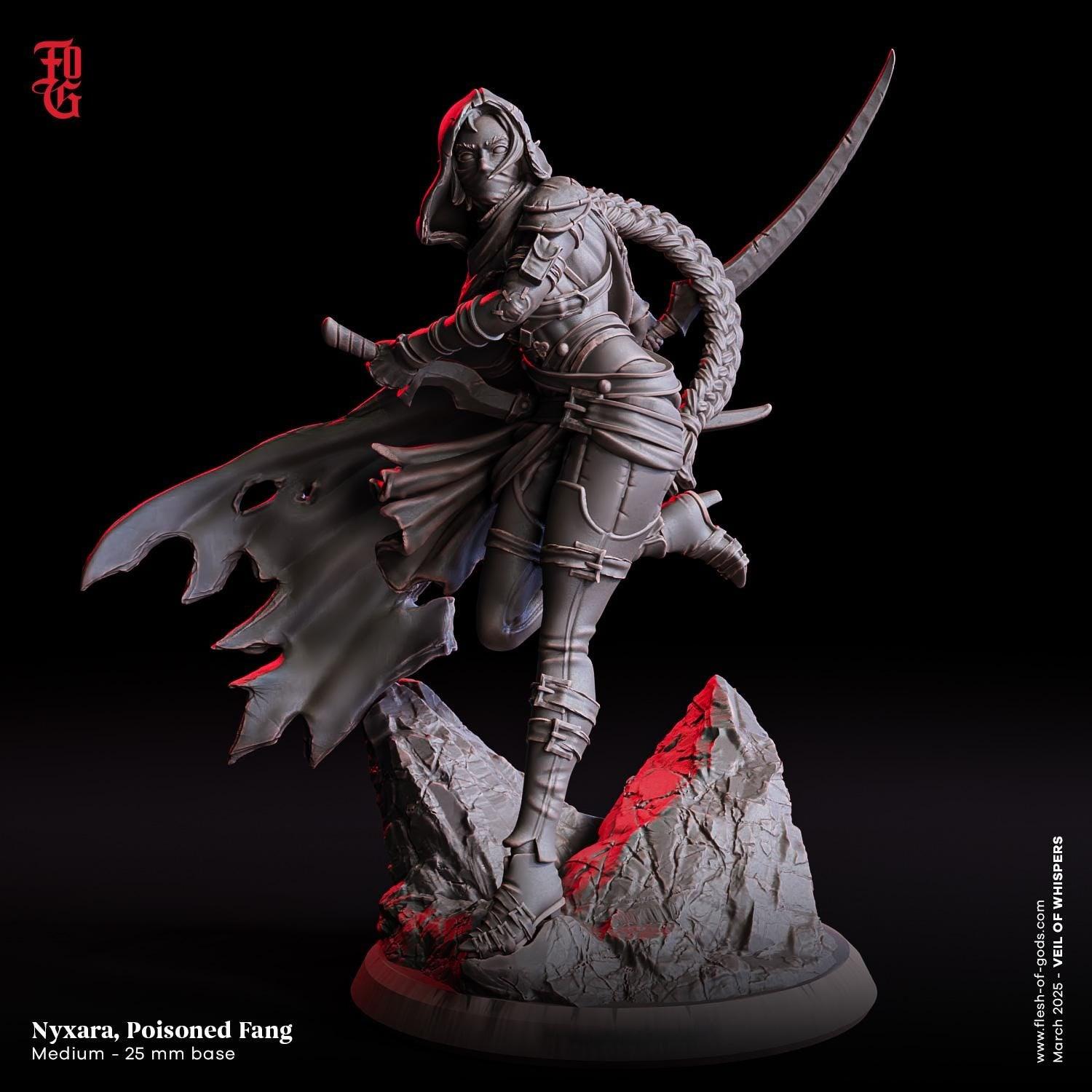 Nyxara, Poisoned Fang | Deadly Drow Rogue Assassin Miniature | 32mm Scale or 75mm Scale - Plague Miniatures