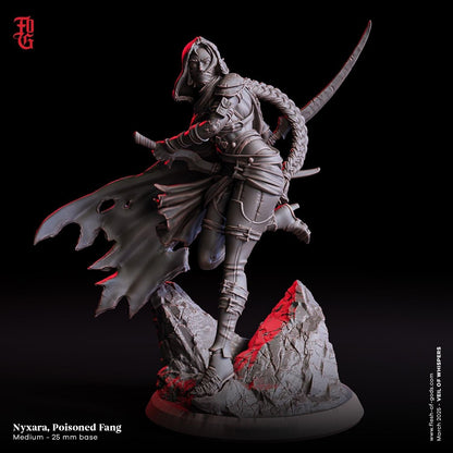 Nyxara, Poisoned Fang | Deadly Drow Rogue Assassin Miniature | 32mm Scale or 75mm Scale - Plague Miniatures