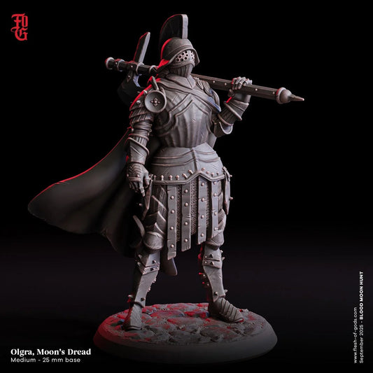 Olgra, Moon’s Dread | Human Knight Miniature | 32mm Scale or 75mm Scale - Plague Miniatures
