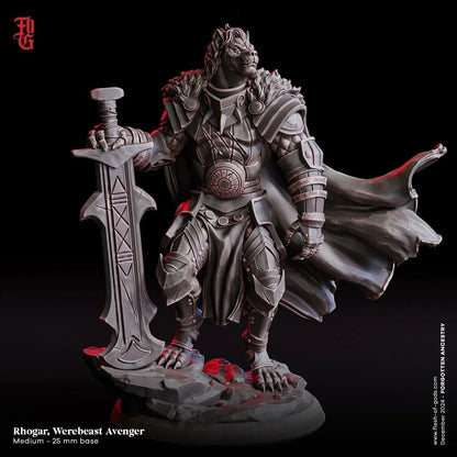 Rhogar, Werebeast Avenger Miniature | Hybrid Fighter Leonin Warrior Figurine | 32mm Scale or 75mm Scale - Plague Miniatures
