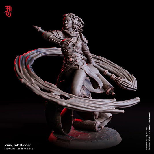 Rina, Ink Binder Miniature | Female Human Warlock Witch Spellcaster Figurine | 32mm Scale or 75mm Scale - Plague Miniatures
