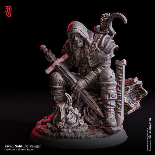 Rivec, The Solitude Ranger Miniature | Human Ranger Figurine | 32mm Scale or 75mm Scale - Plague Miniatures