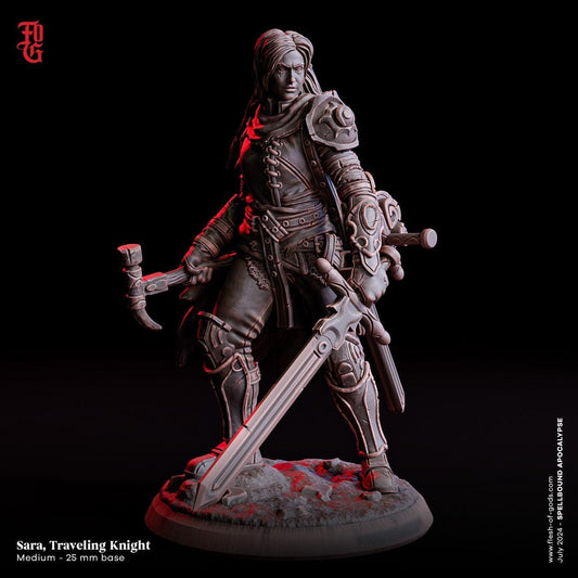 Sara, Traveling Knight Miniature | Female Human Fighter | 32mm Scale or 75mm Scale - Plague Miniatures